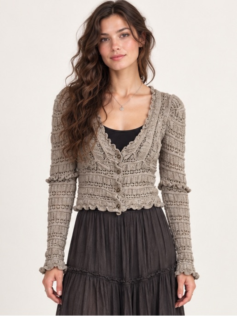 Free People Gray Crochet V-Neck Ruffle-Trim Sweater Small